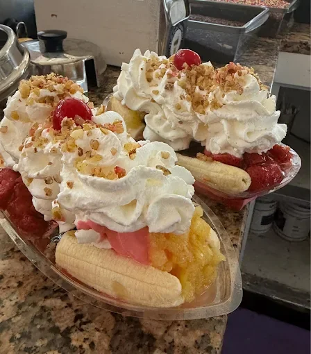 Banana split with ice cream and toppings at Hilltop Creamery, East Greenwich RI